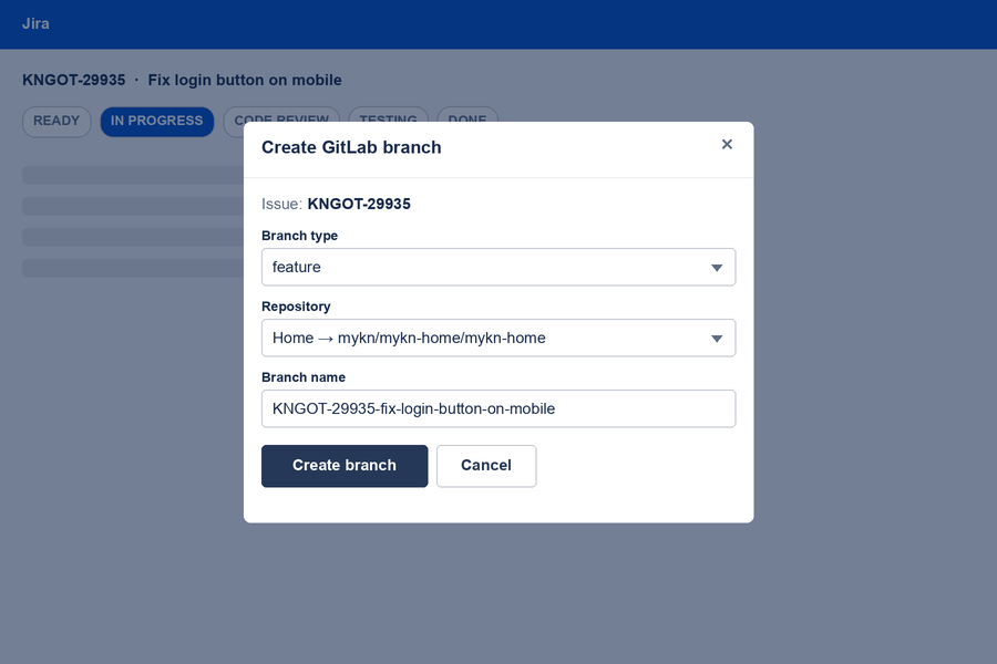 The Create GitLab branch modal: branch type, repository mapped from the issue component, and a prefilled branch name