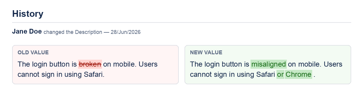 Side-by-side Jira history diff: removed words in red with strikethrough, added words in green